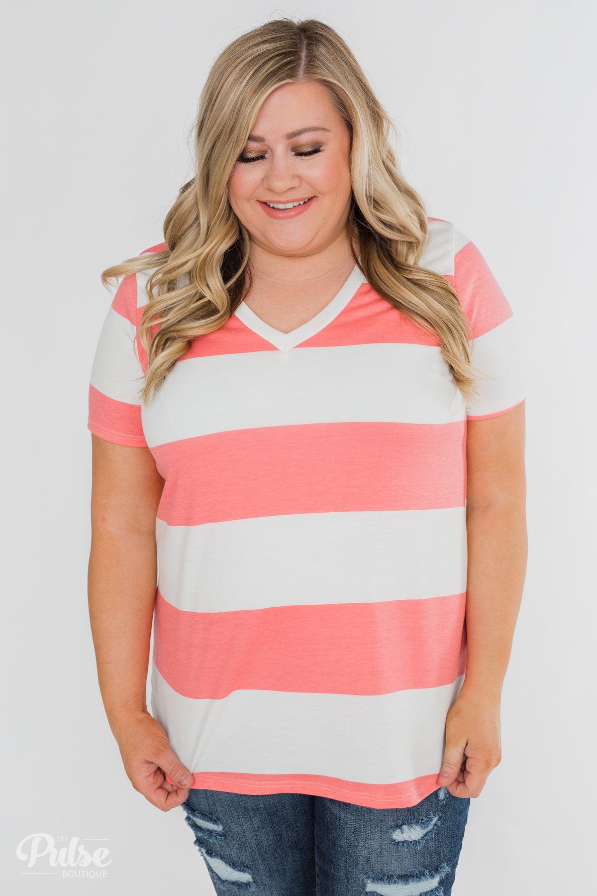 Hello to You Wide Stripe V-Neck Top- Coral