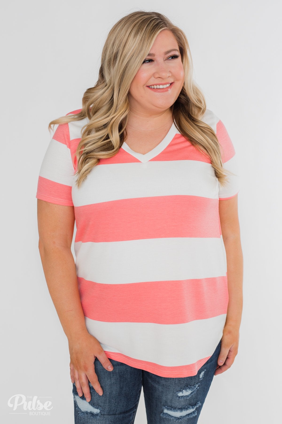Hello to You Wide Stripe V-Neck Top- Coral