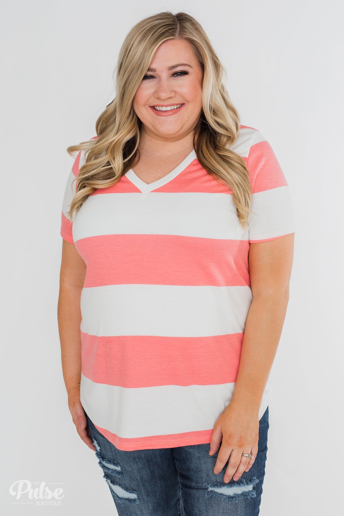 Hello to You Wide Stripe V-Neck Top- Coral