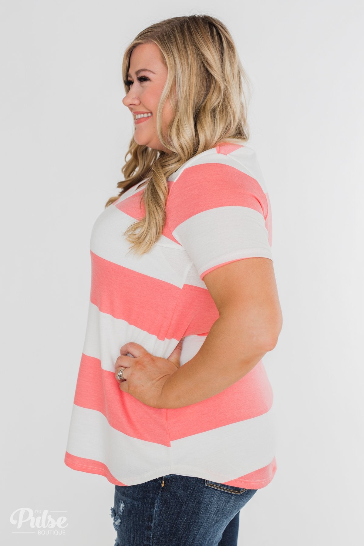 Hello to You Wide Stripe V-Neck Top- Coral