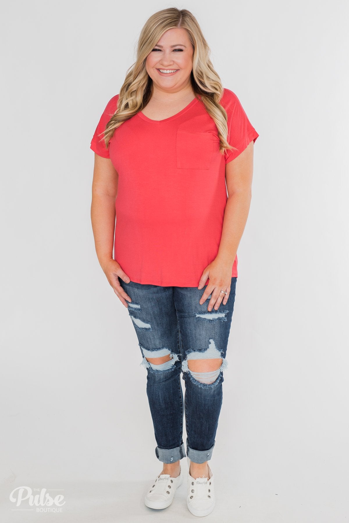 Solid V-Neck Pocket Top- Strawberry Pink