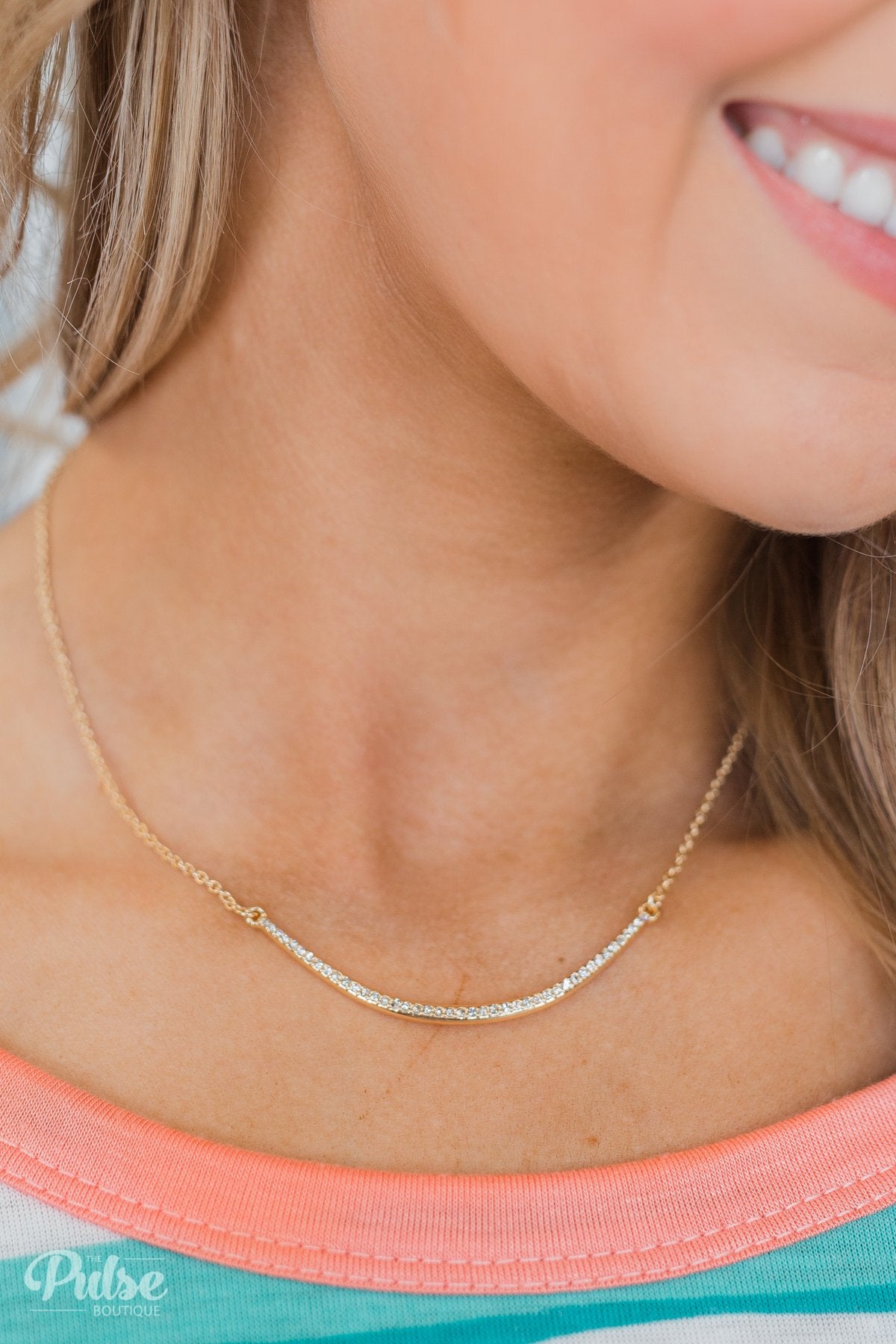 Diamond Studded Curved Bar Necklace- Gold