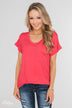 Solid V-Neck Pocket Top- Strawberry Pink