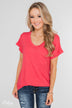 Solid V-Neck Pocket Top- Strawberry Pink