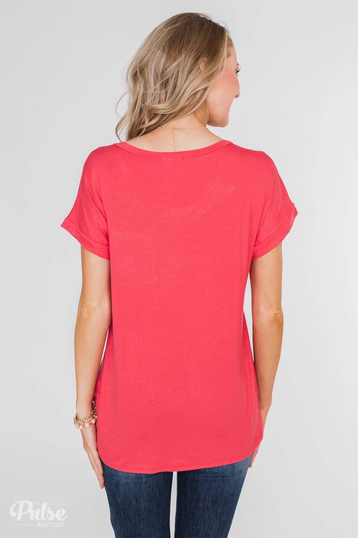 Solid V-Neck Pocket Top- Strawberry Pink