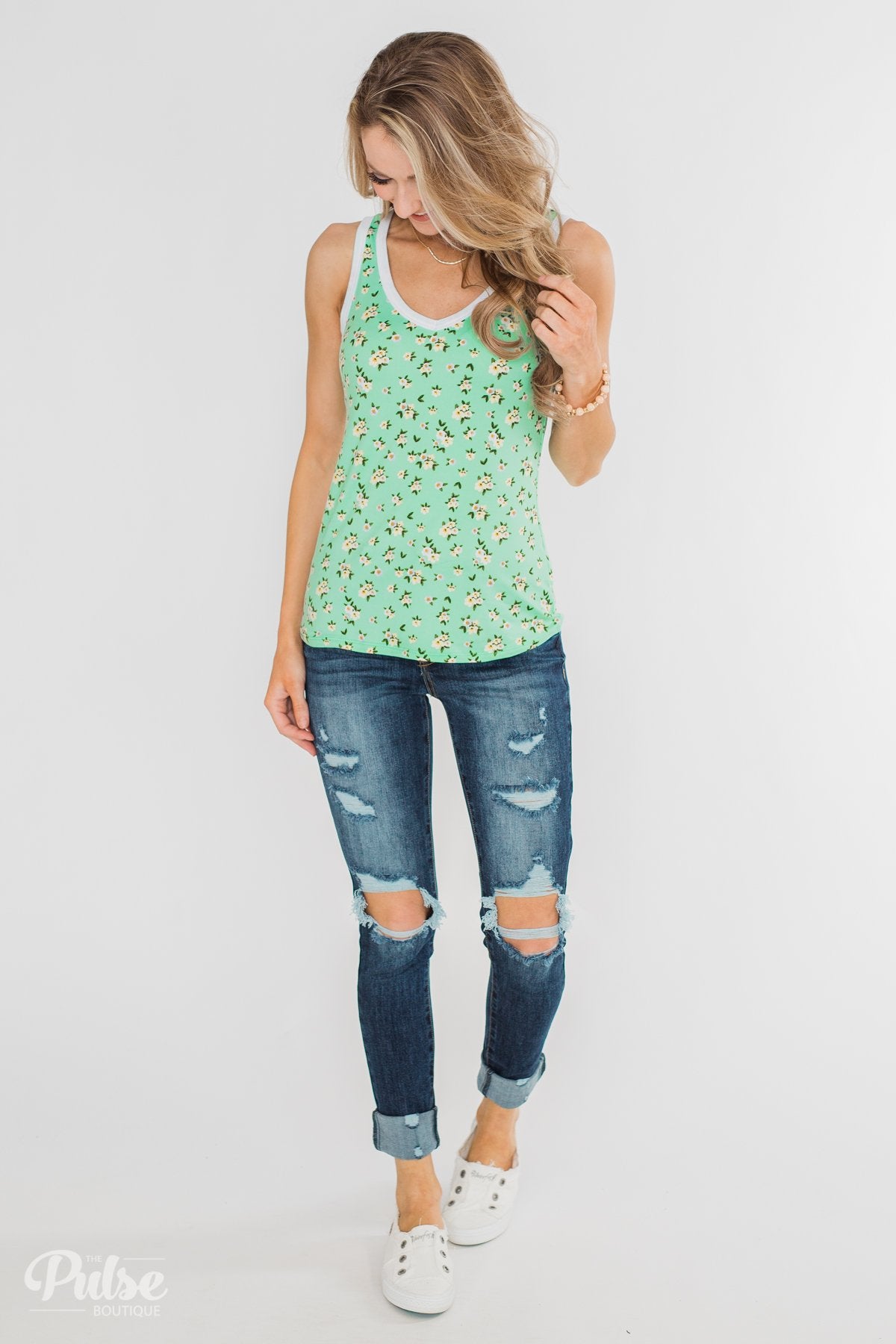 Walk Through The Wildflowers V-Neck Tank Top- Mint Blue