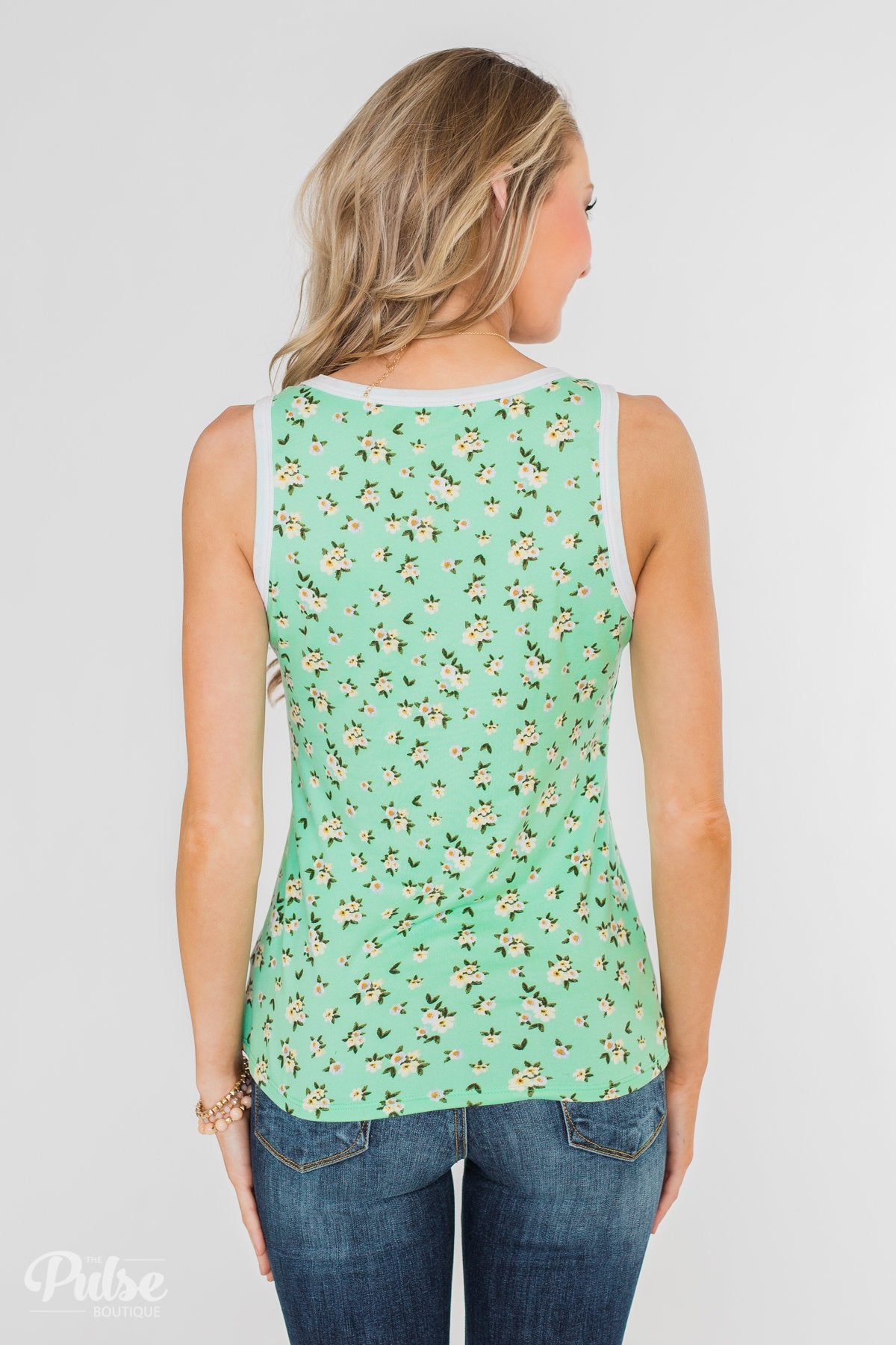 Walk Through The Wildflowers V-Neck Tank Top- Mint Blue