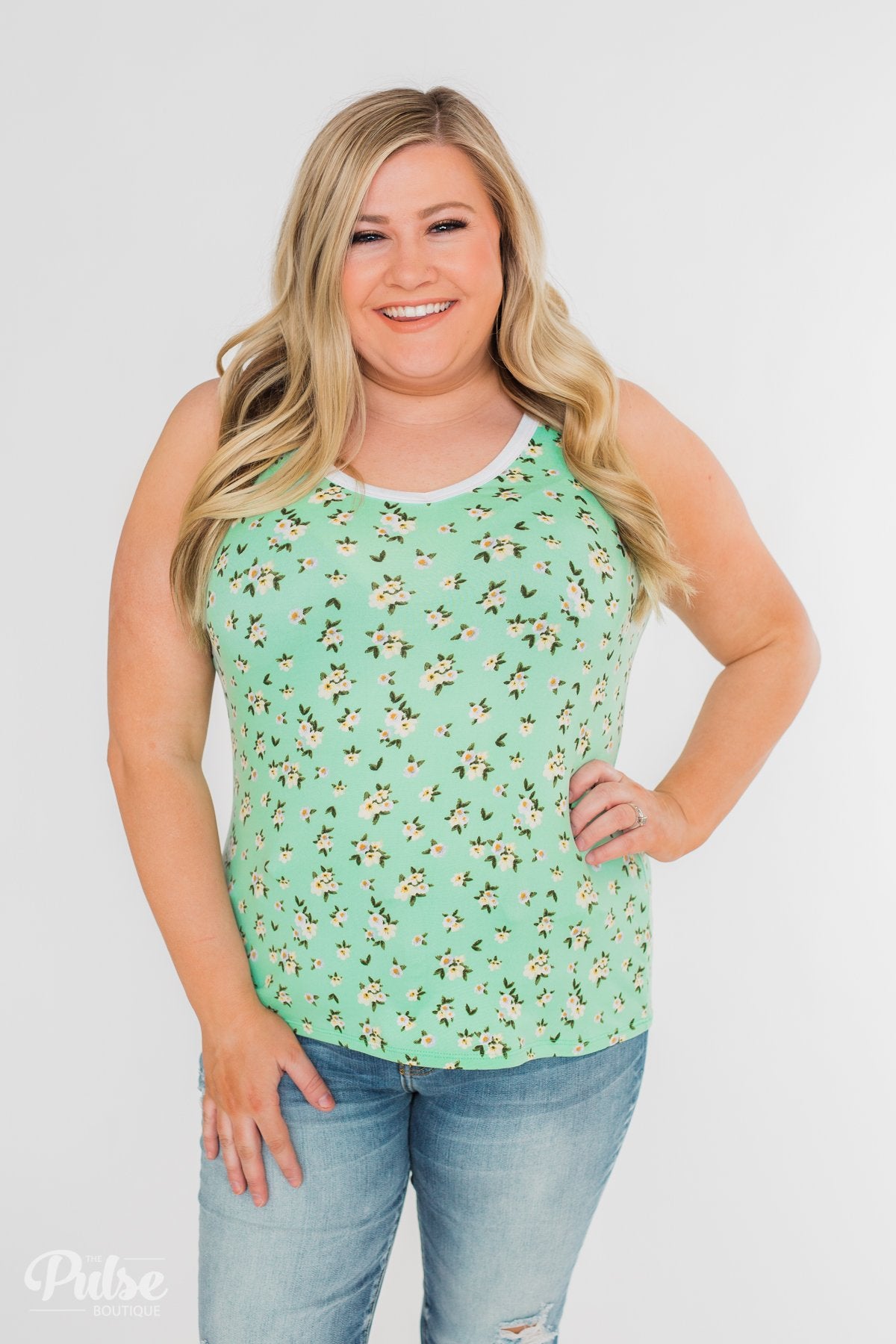 Walk Through The Wildflowers V-Neck Tank Top- Mint Blue
