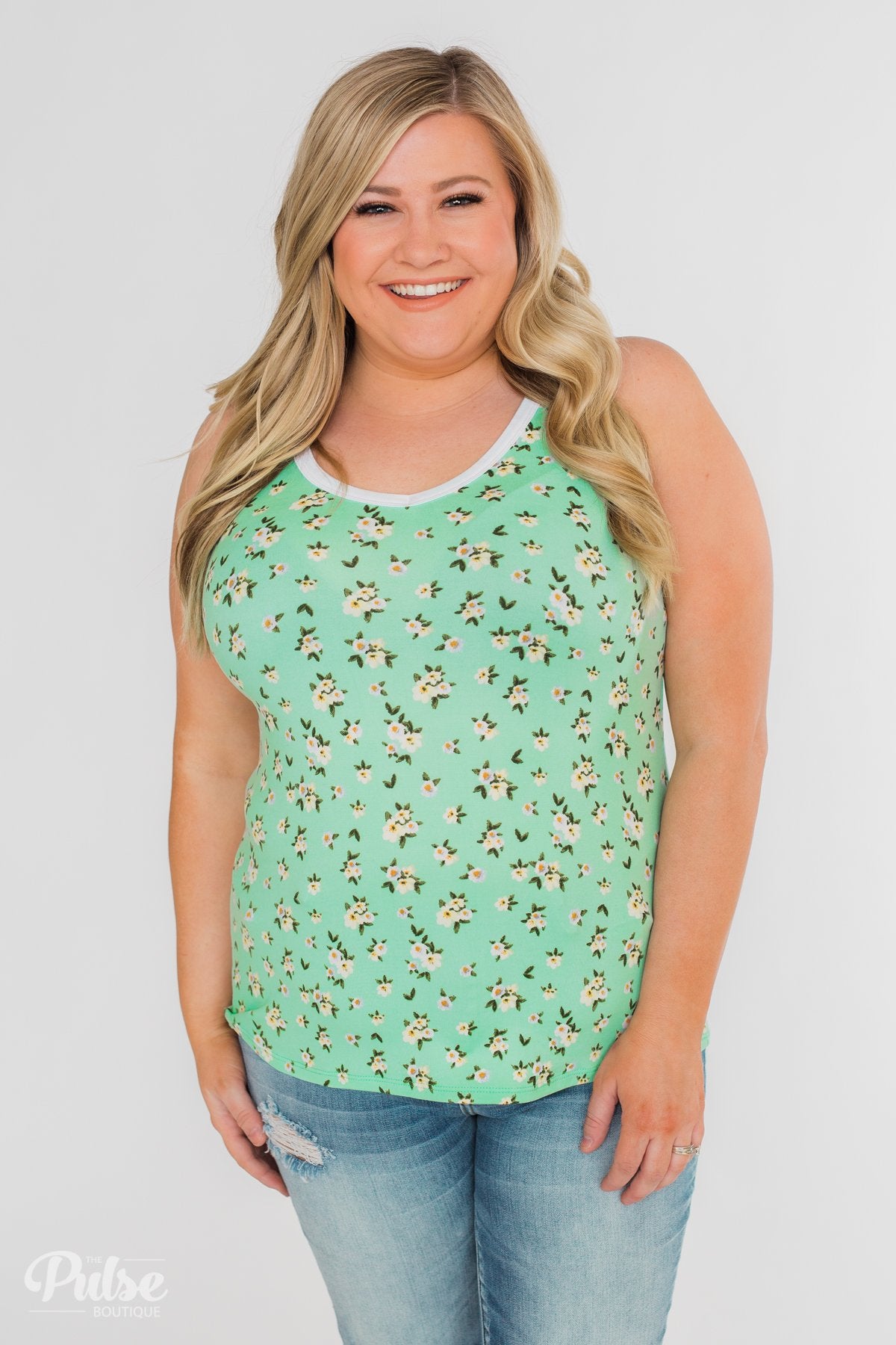 Walk Through The Wildflowers V-Neck Tank Top- Mint Blue