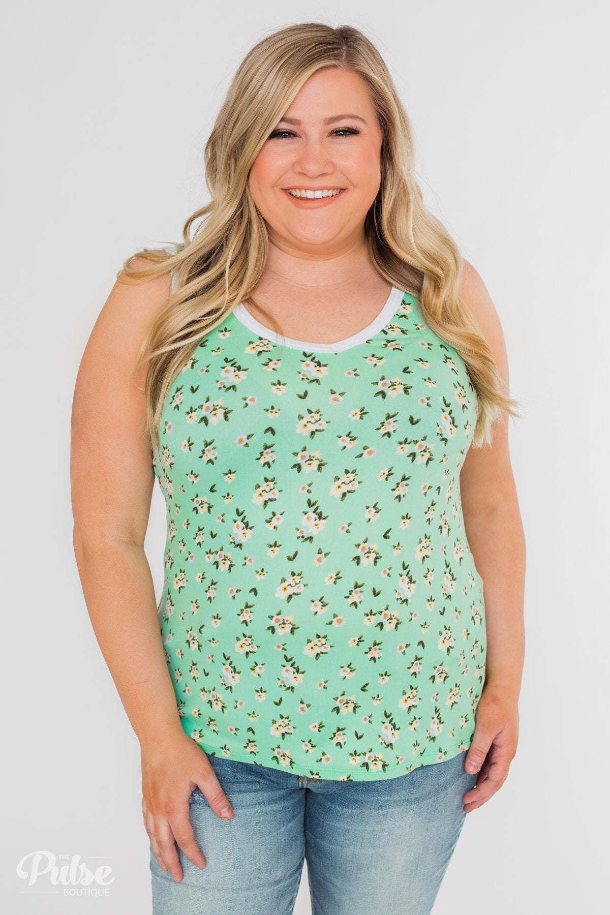 Walk Through The Wildflowers V-Neck Tank Top- Mint Blue