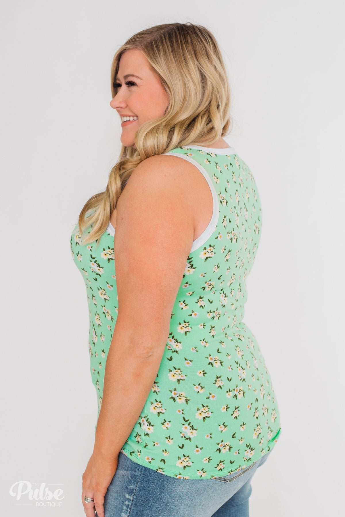 Walk Through The Wildflowers V-Neck Tank Top- Mint Blue