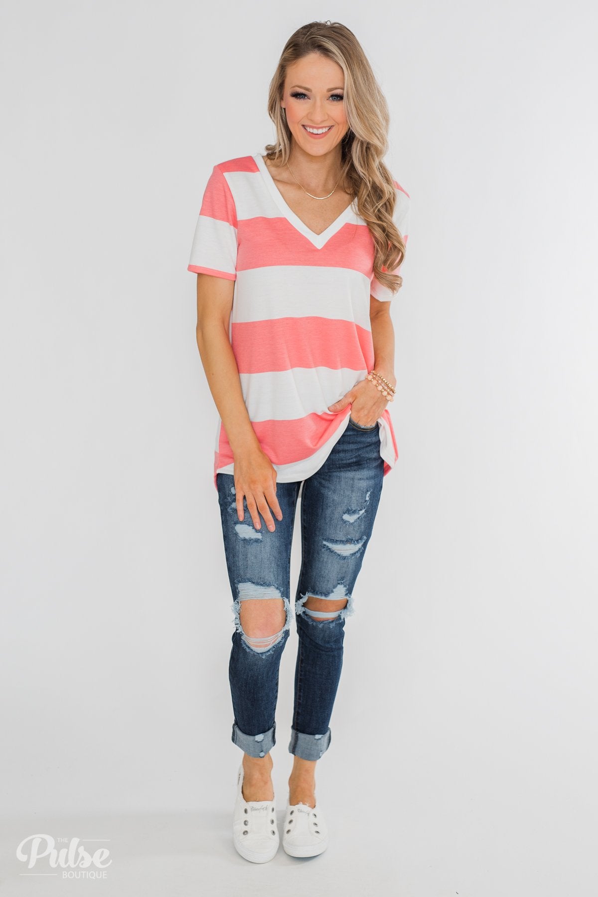 Hello to You Wide Stripe V-Neck Top- Coral