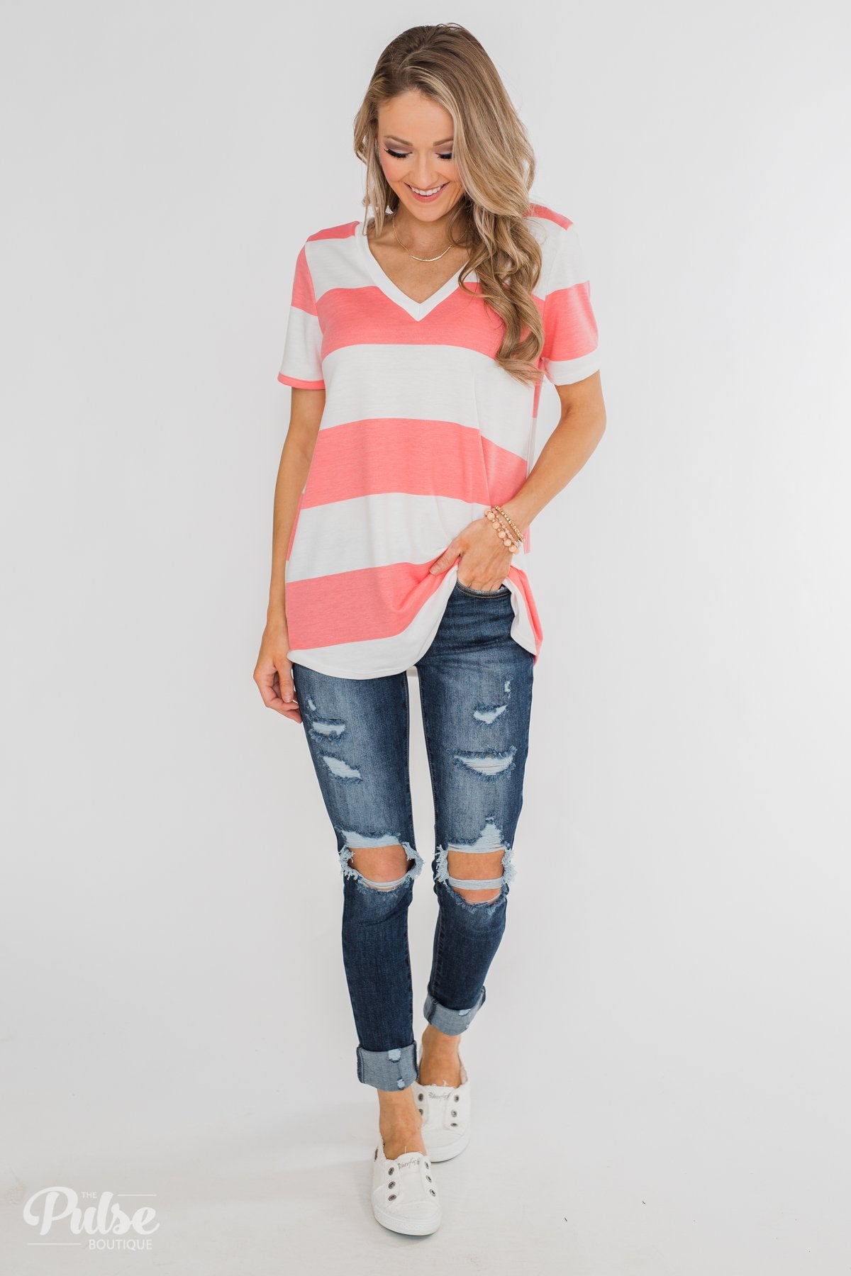 Hello to You Wide Stripe V-Neck Top- Coral