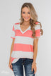 Hello to You Wide Stripe V-Neck Top- Coral