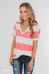 Hello to You Wide Stripe V-Neck Top- Coral