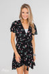 Short Sleeve V-Neck Wrap Detail Dress- Black