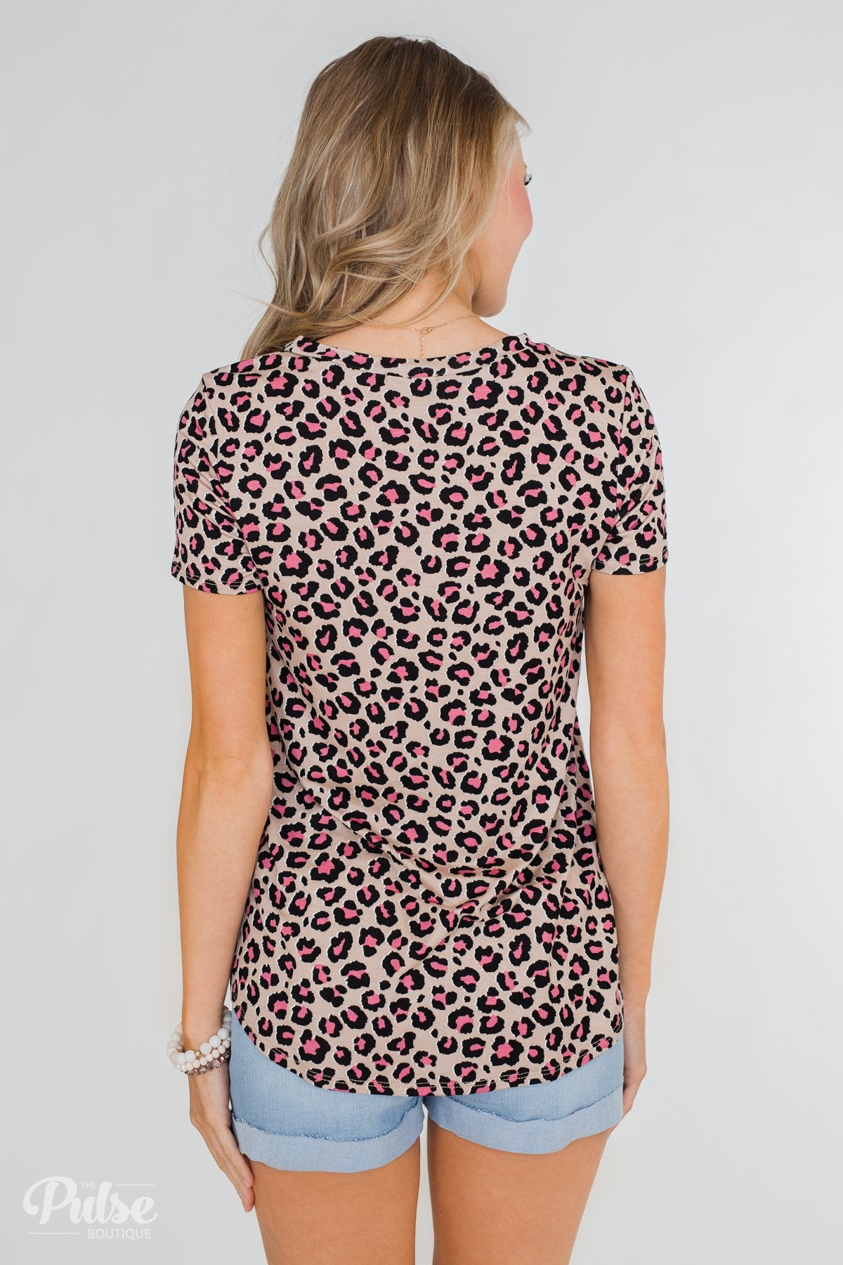 Vibrant in Leopard Short Sleeve Top- Light Mocha & Pink