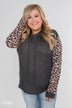Lightweight Leopard Sleeve Hoodie- Charcoal & Light Mocha
