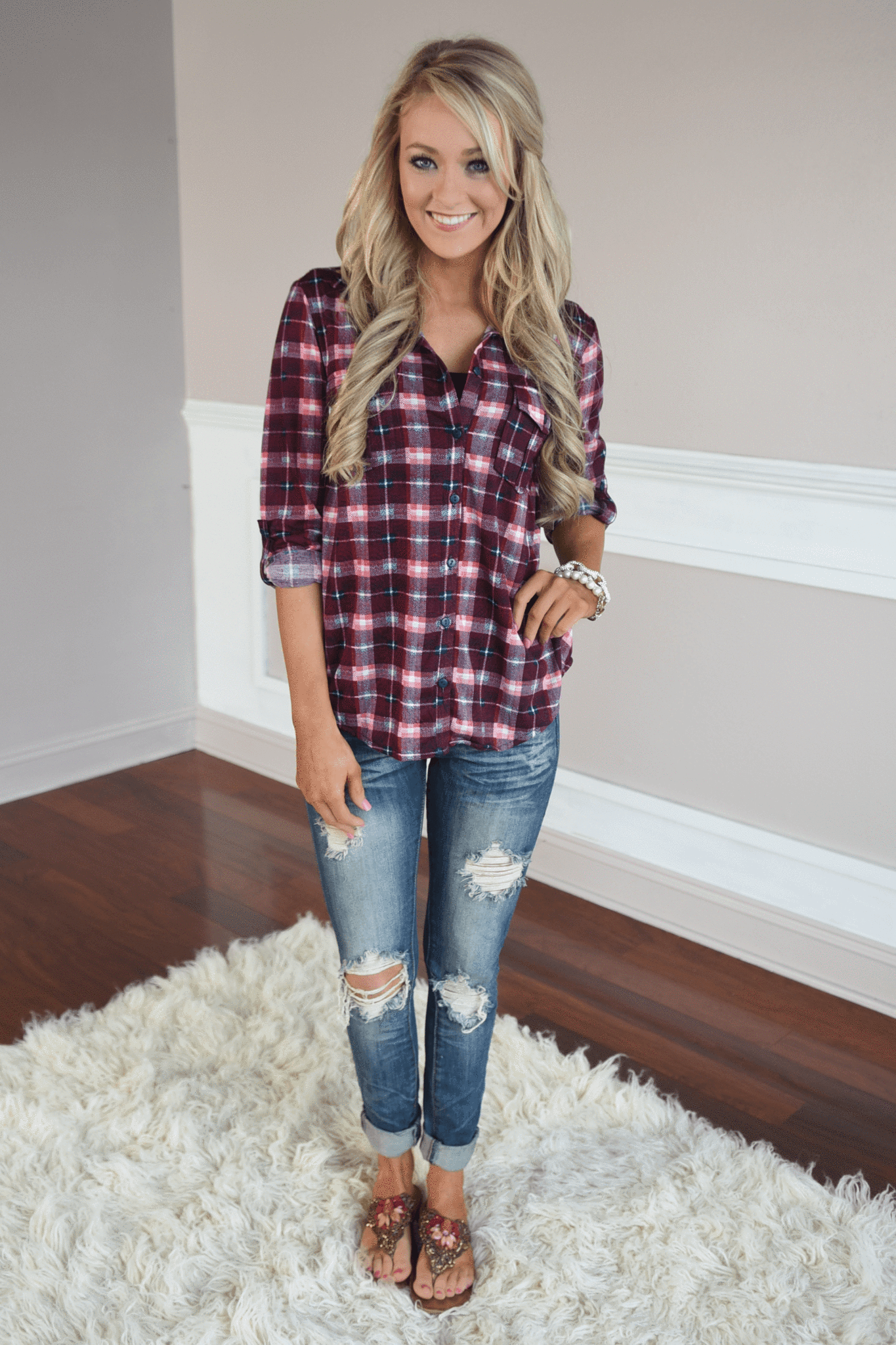 Maroon & Pink Button Up Top