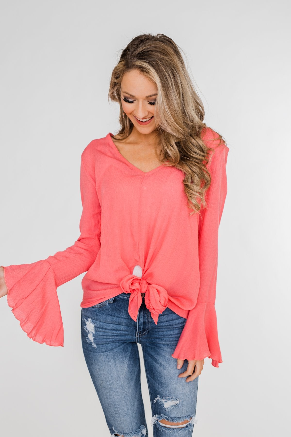 She's a Sweetheart V-Neck Tie Top- Coral