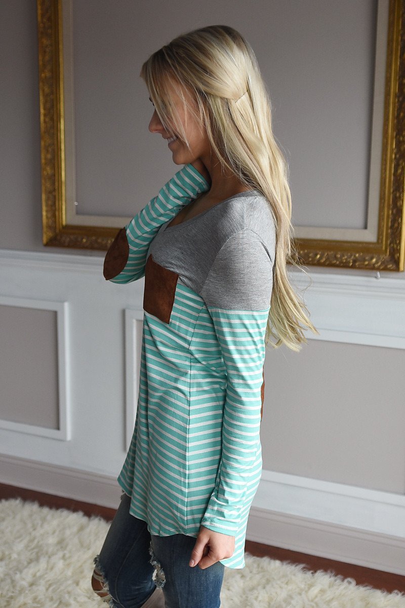 Mint Striped Elbow Patch Top