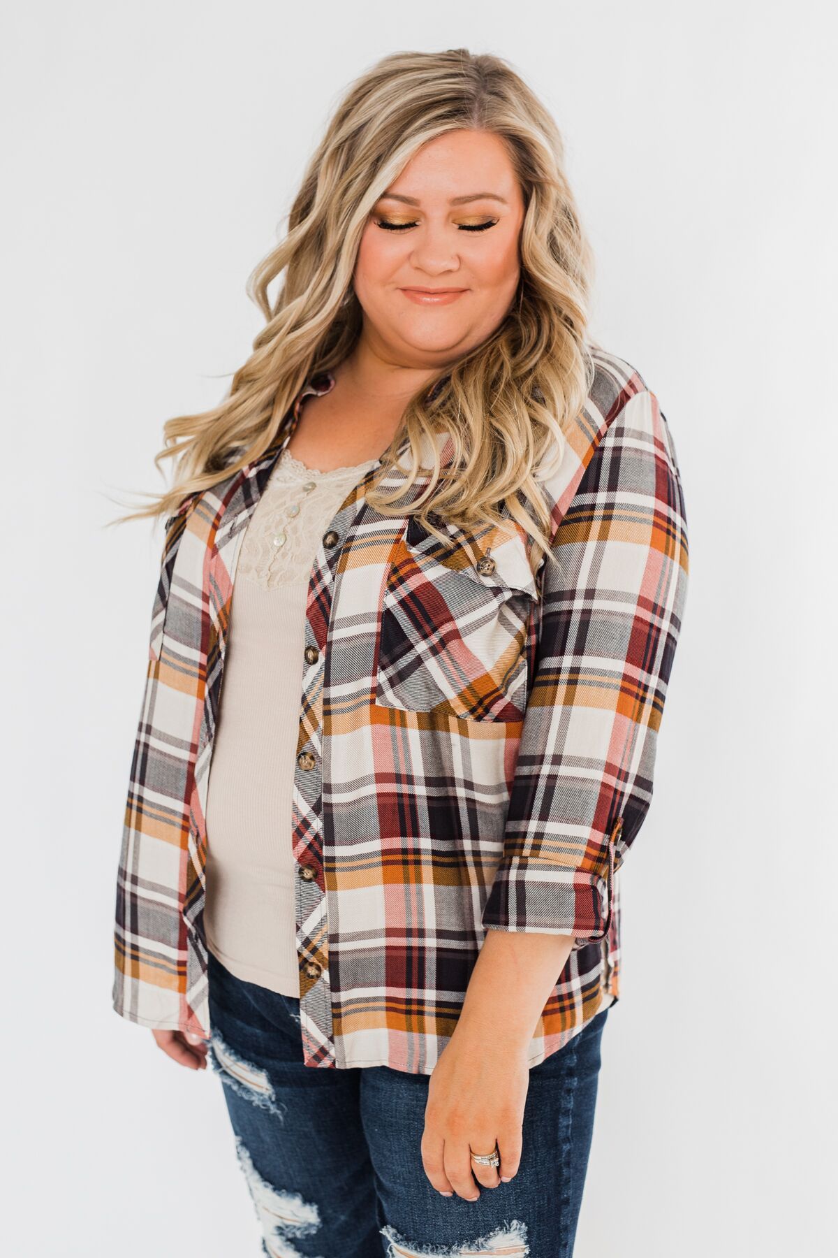 You've Got Me Hooked Flannel Top- Navy & Rust