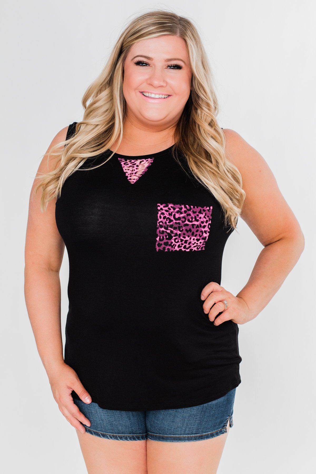 Leopard Lace Back Pocket Tank- Pink
