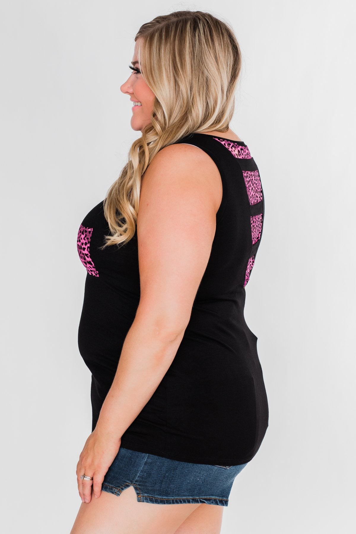 Leopard Lace Back Pocket Tank- Pink
