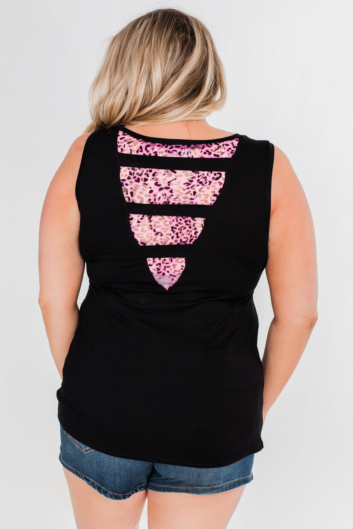 Leopard Lace Back Pocket Tank- Pink