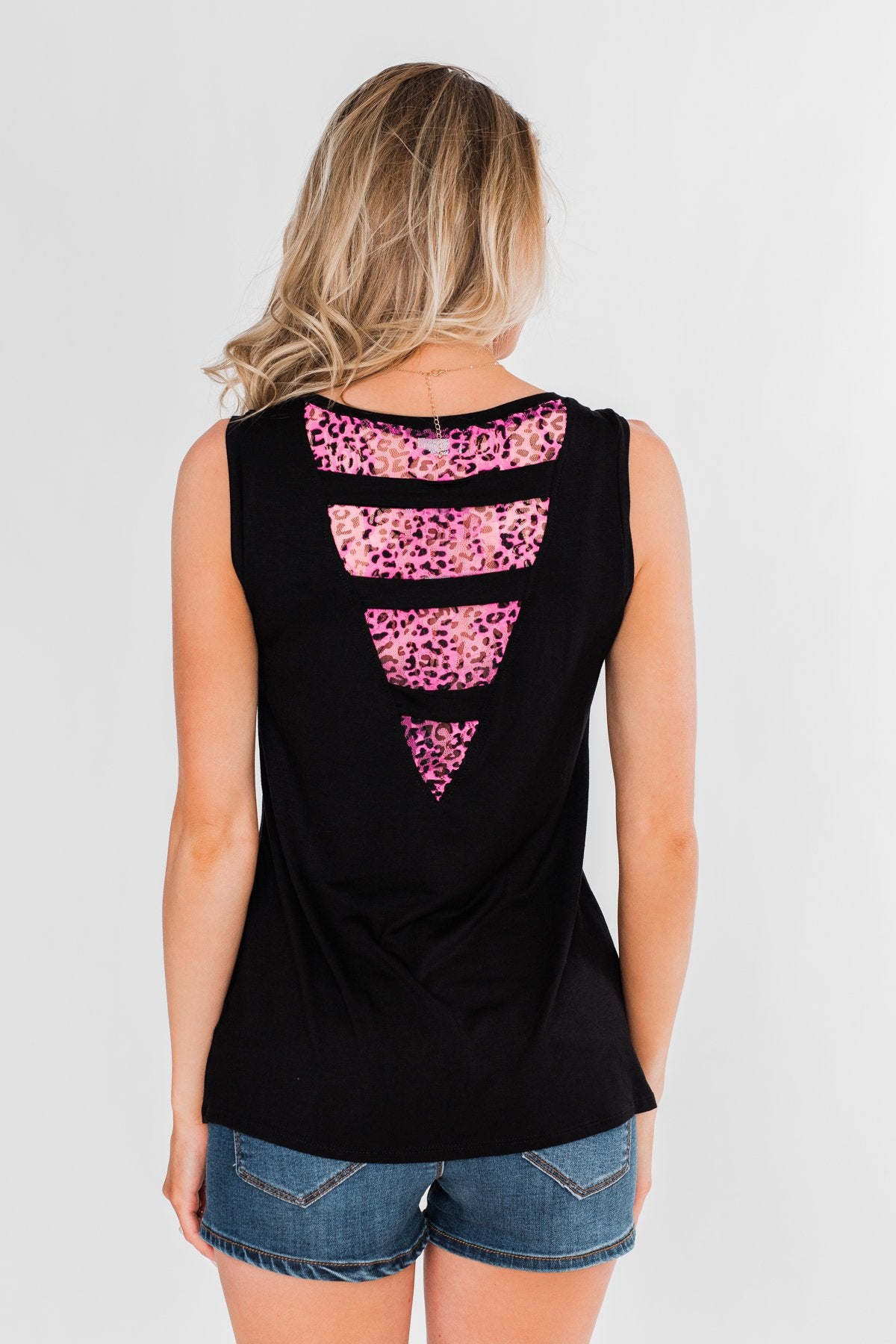 Leopard Lace Back Pocket Tank- Pink