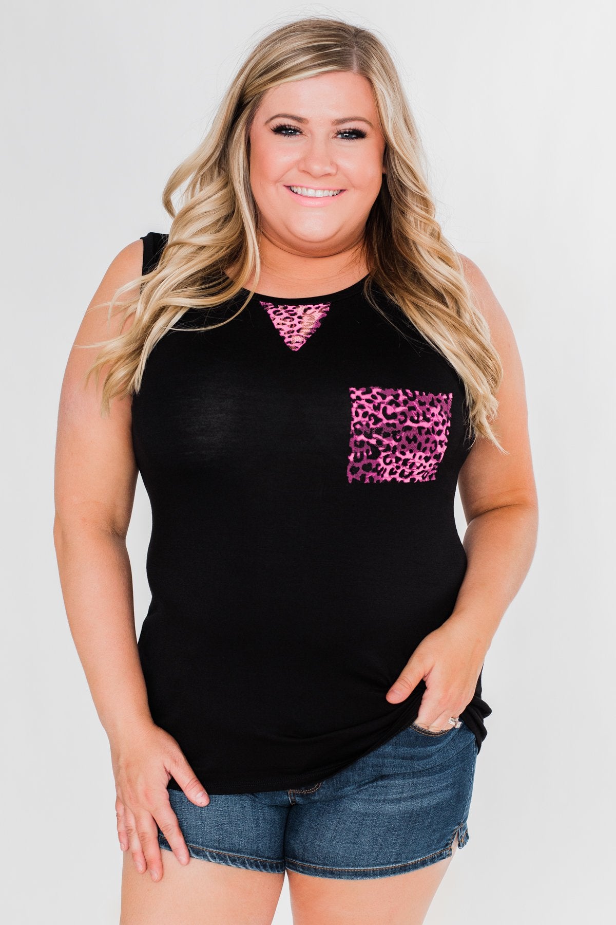 Leopard Lace Back Pocket Tank- Pink