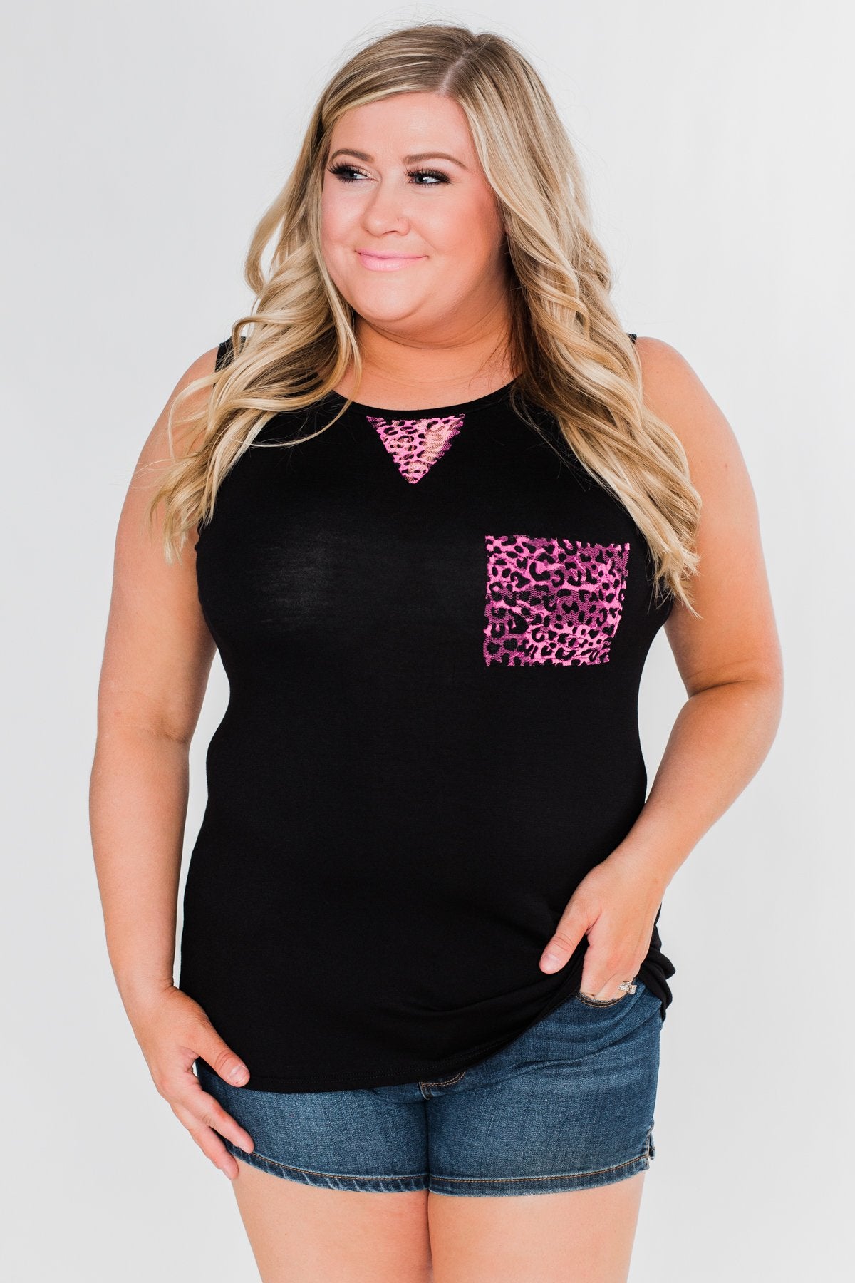 Leopard Lace Back Pocket Tank- Pink
