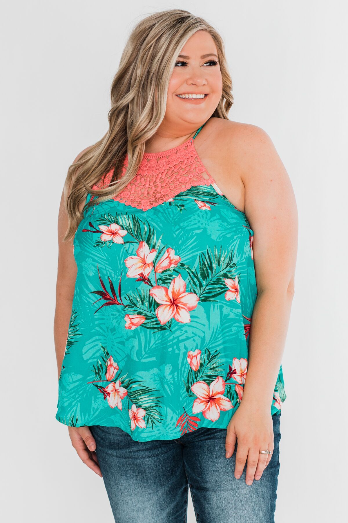 Tropical Crochet Halter Tank Top- Teal