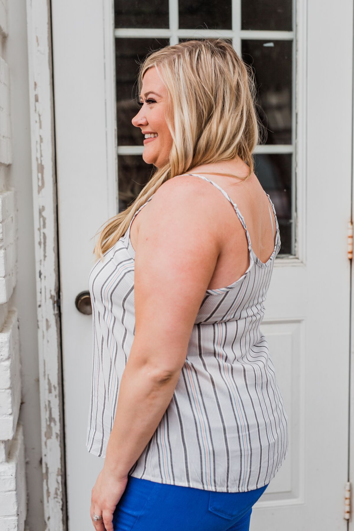 Striped Spaghetti Strap Tank Top- Grey & Blue Tones