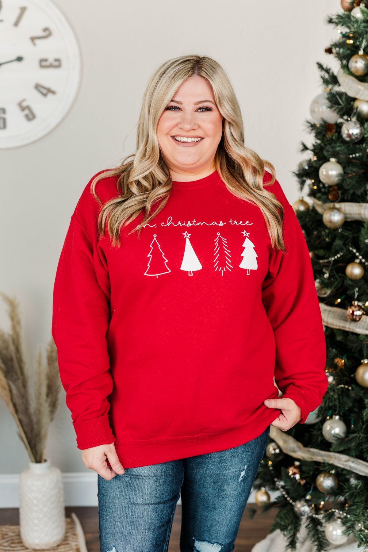 "Oh Christmas Tree" Graphic Crewneck Pullover- Holiday Red