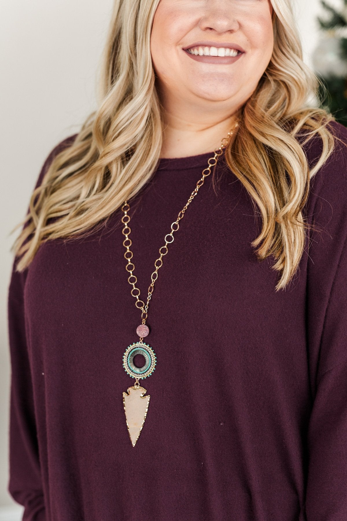 Long Arrowhead Pendant Gold Necklace- Blue
