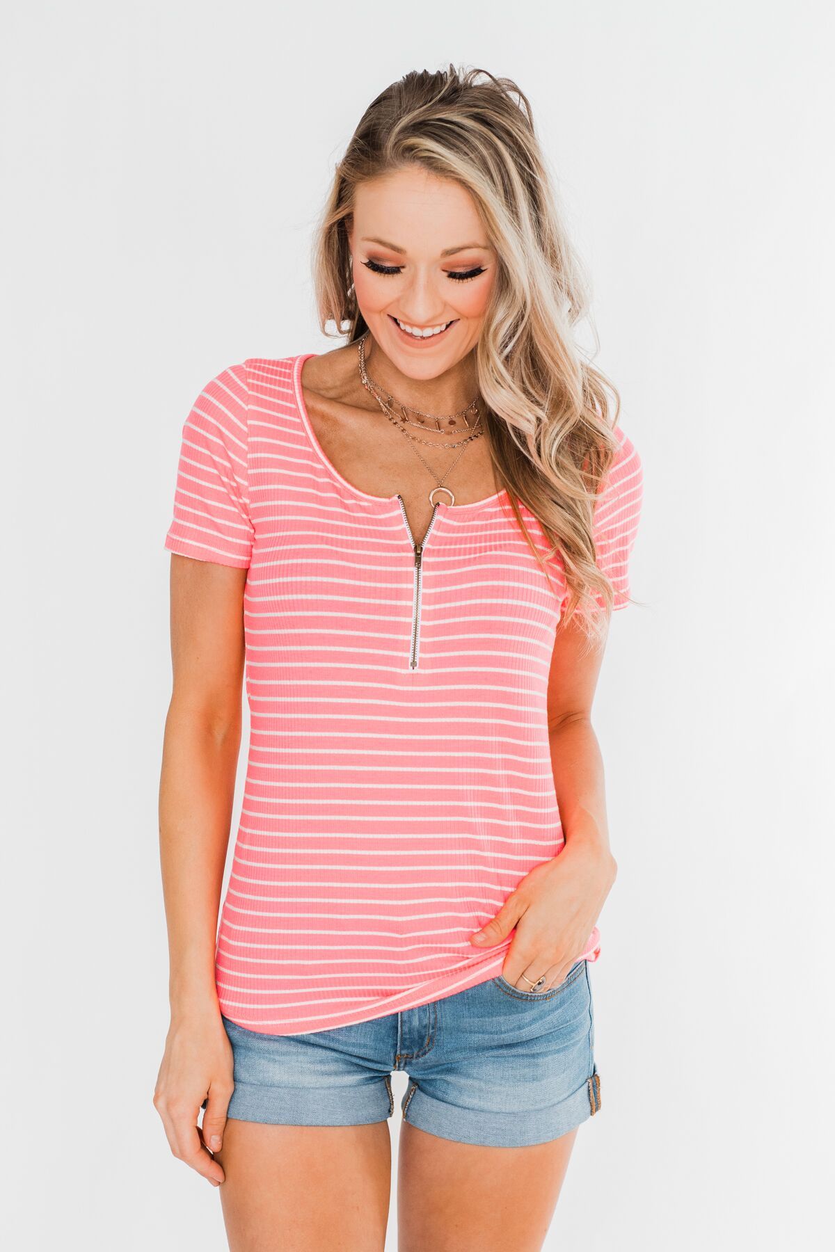 Short Sleeve Neon Zipper Top- Pink