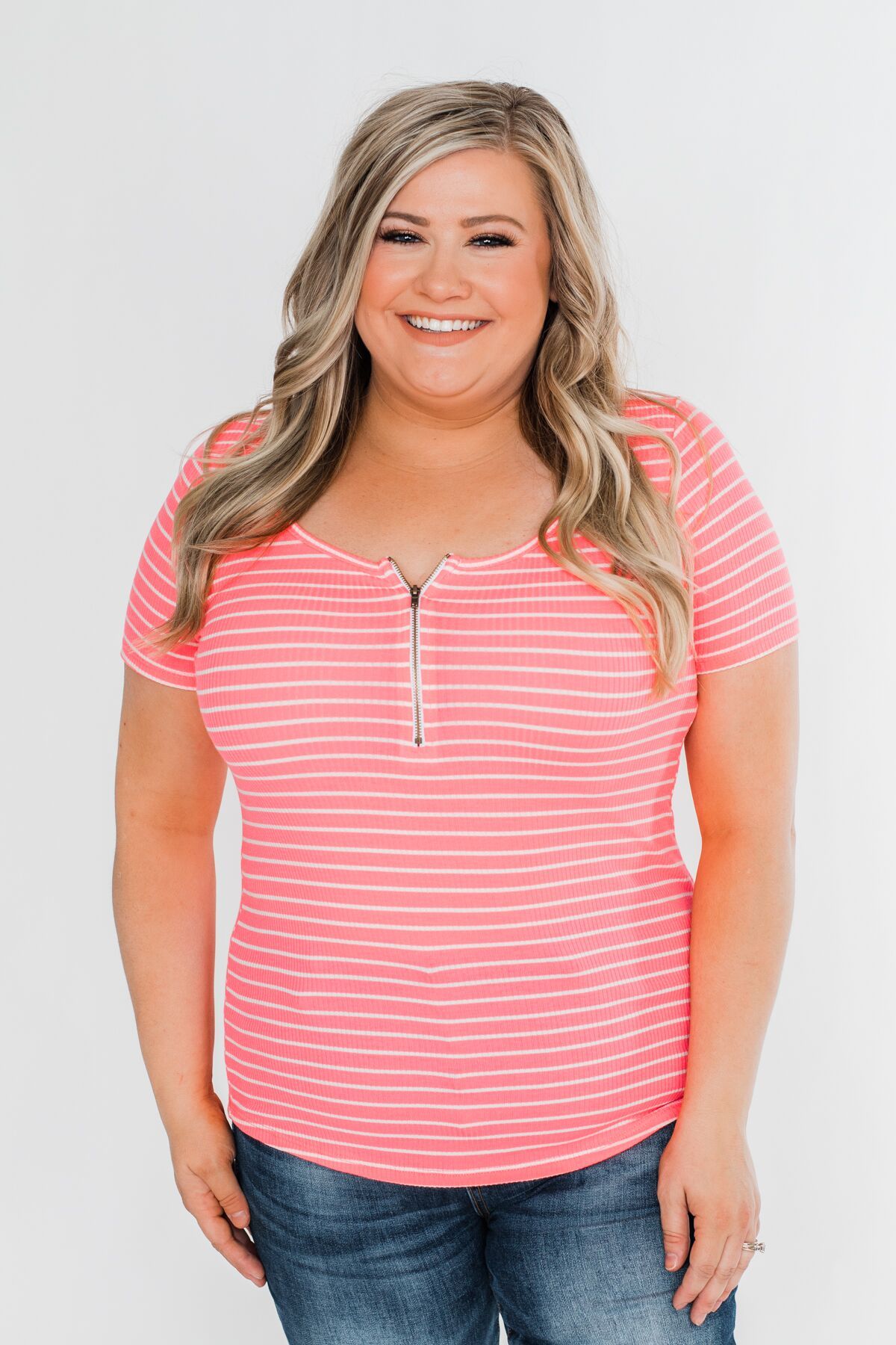 Short Sleeve Neon Zipper Top- Pink