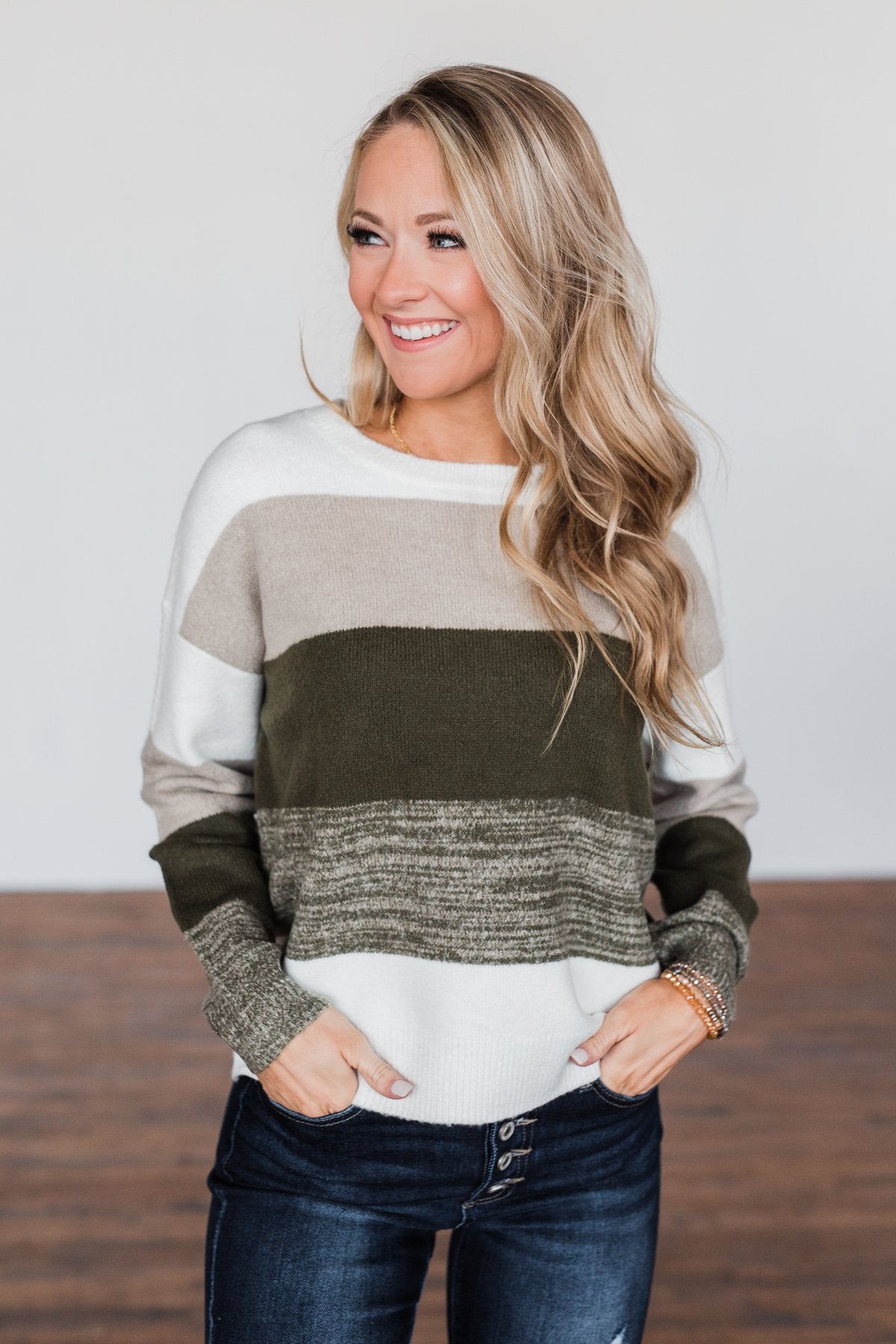 Feeling My Best Color Block Sweater- Olive, Taupe, & Ivory – The Pulse ...