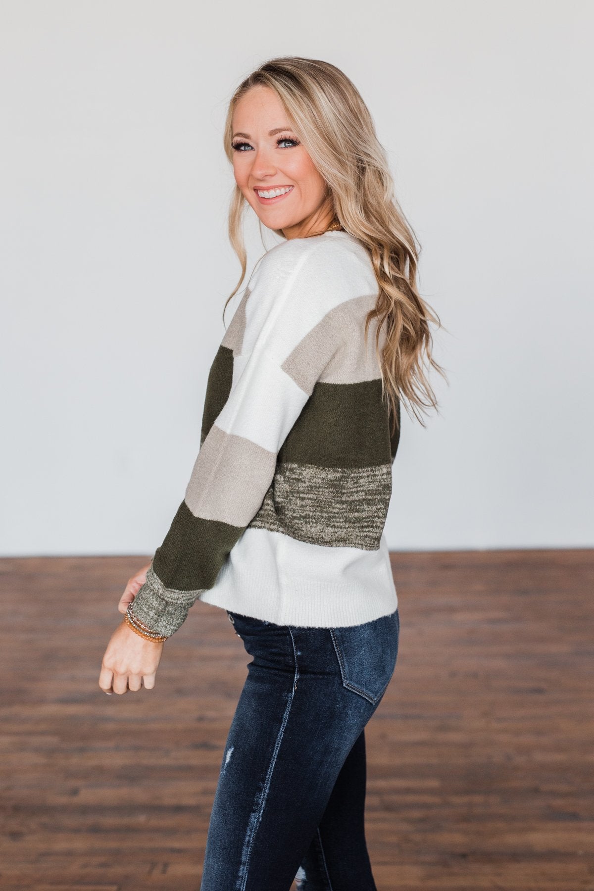 Feeling My Best Color Block Sweater- Olive, Taupe, & Ivory