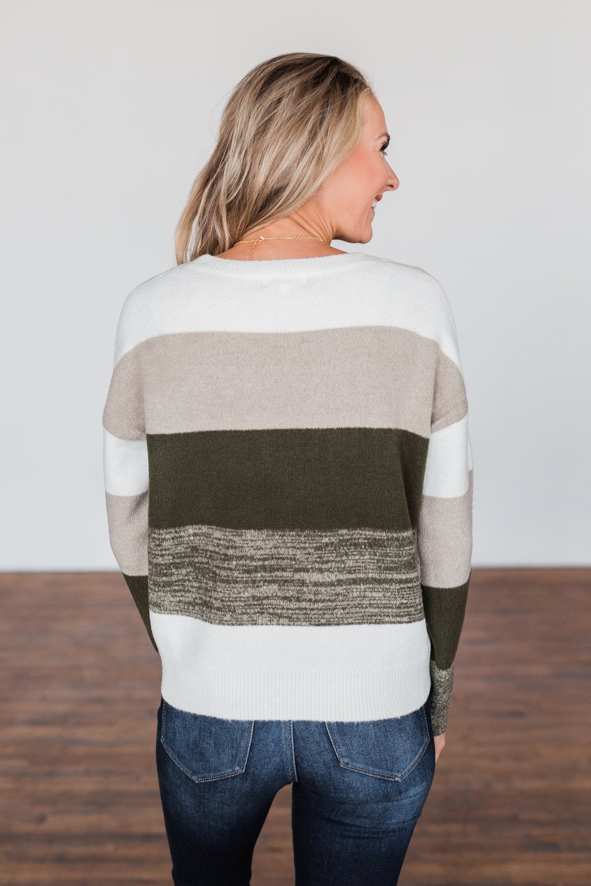 Feeling My Best Color Block Sweater- Olive, Taupe, & Ivory