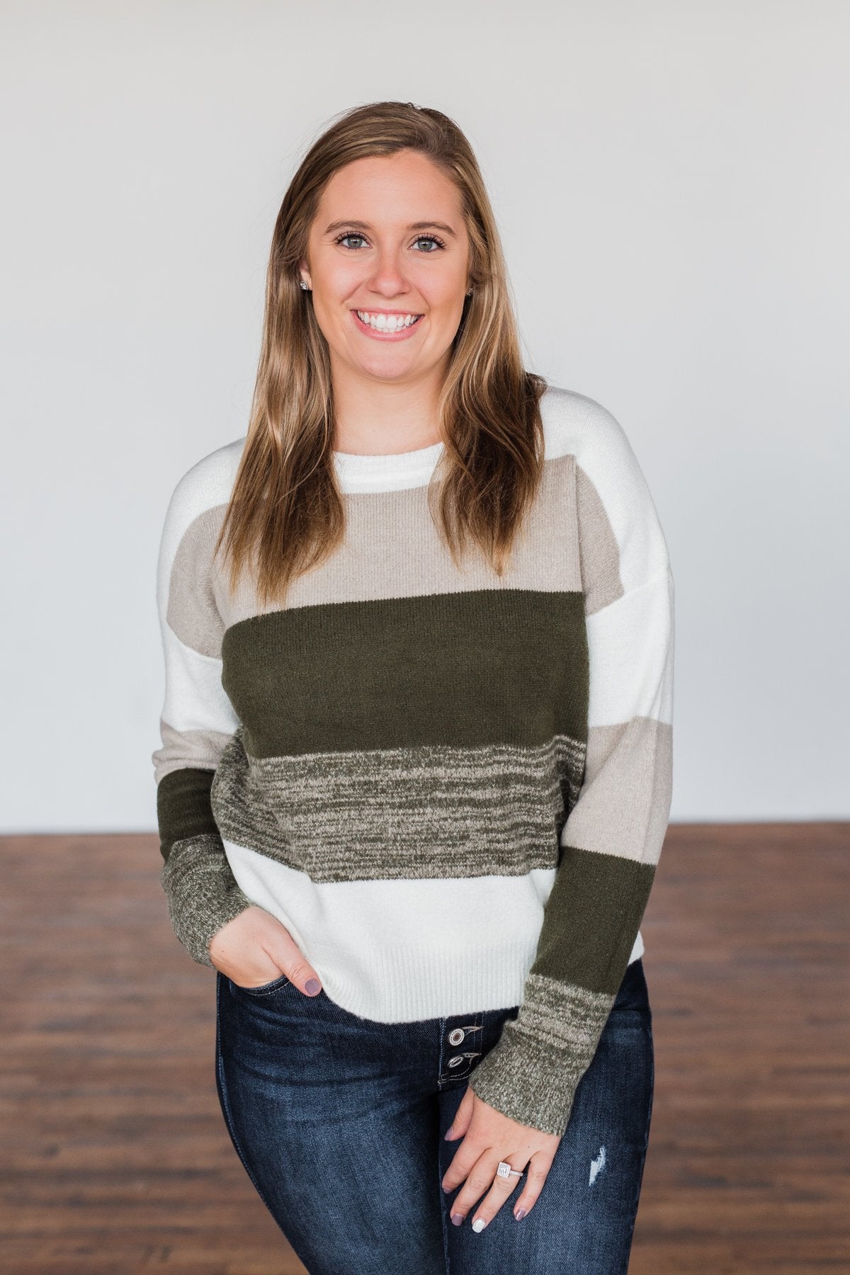 Feeling My Best Color Block Sweater- Olive, Taupe, & Ivory