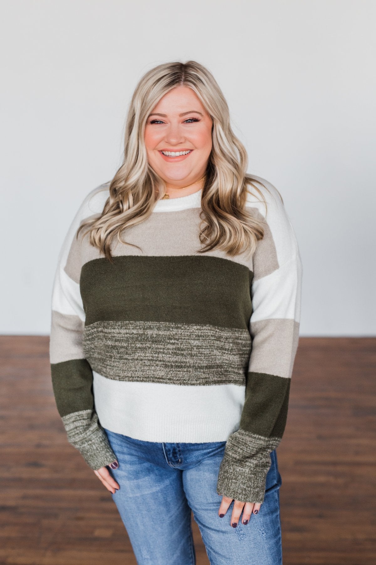 Feeling My Best Color Block Sweater- Olive, Taupe, & Ivory