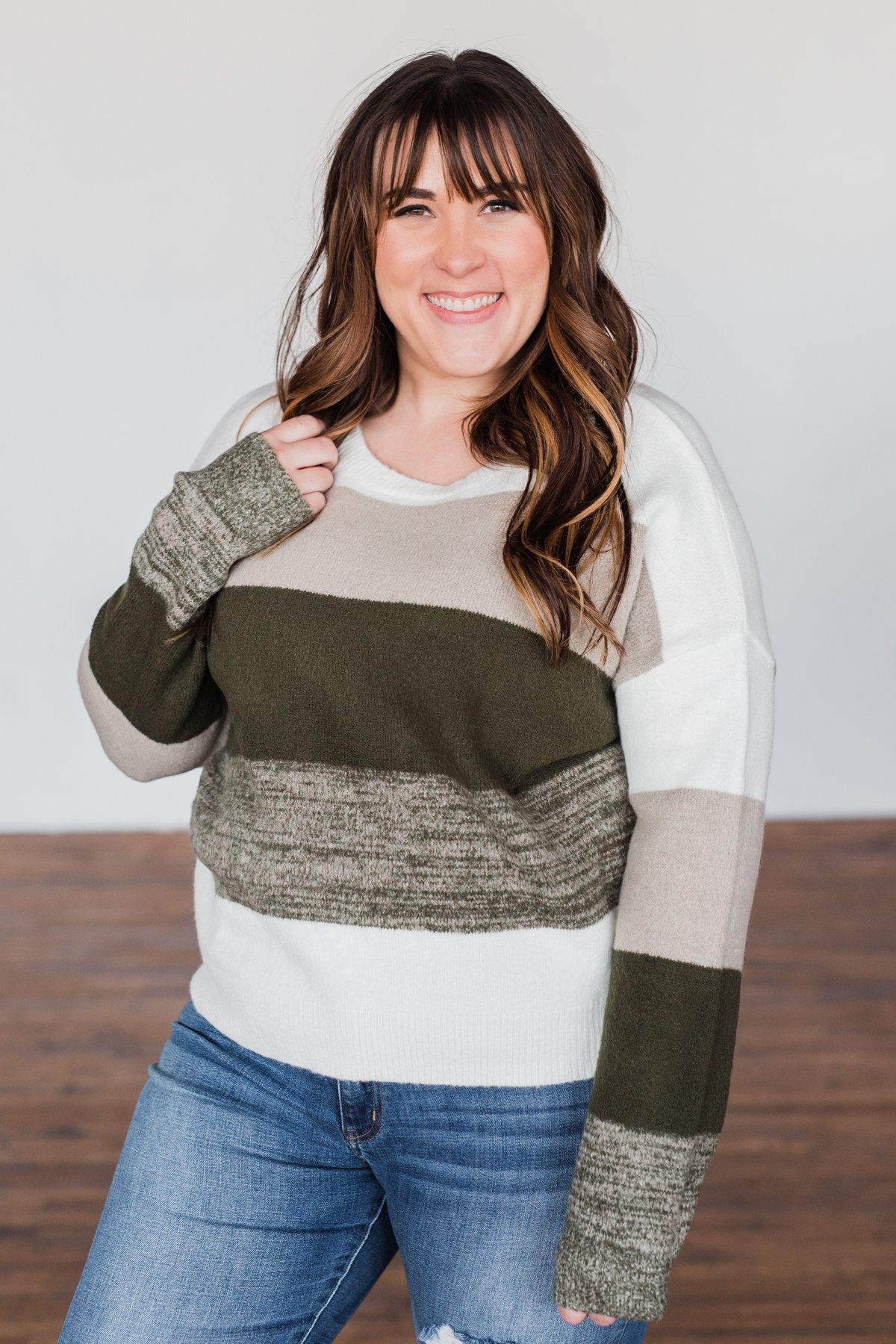 Feeling My Best Color Block Sweater- Olive, Taupe, & Ivory