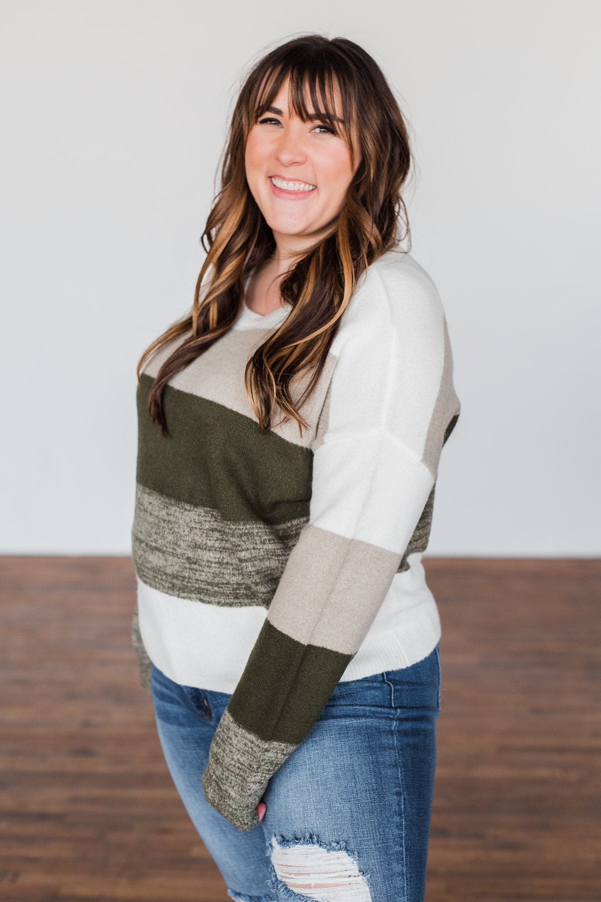 Feeling My Best Color Block Sweater- Olive, Taupe, & Ivory