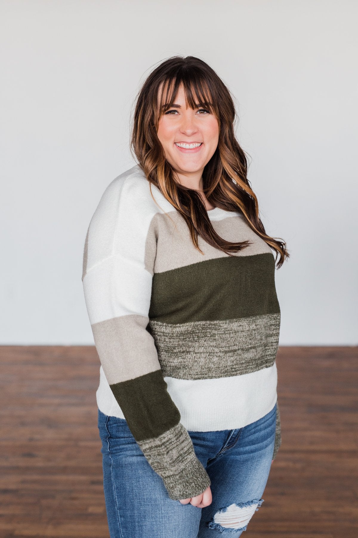 Feeling My Best Color Block Sweater- Olive, Taupe, & Ivory