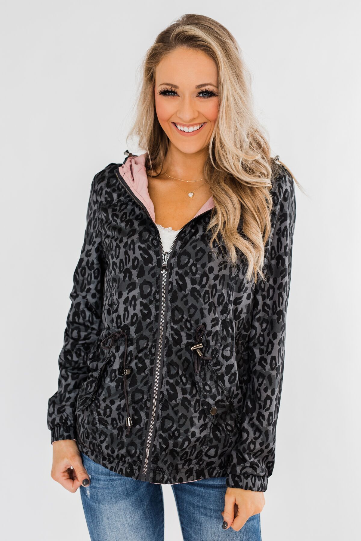 Reversible Rain Jacket Grey Leopard Blush Pink The Pulse Boutique