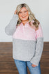 1/4 Button Snap Color Block Sherpa- Pink & Grey