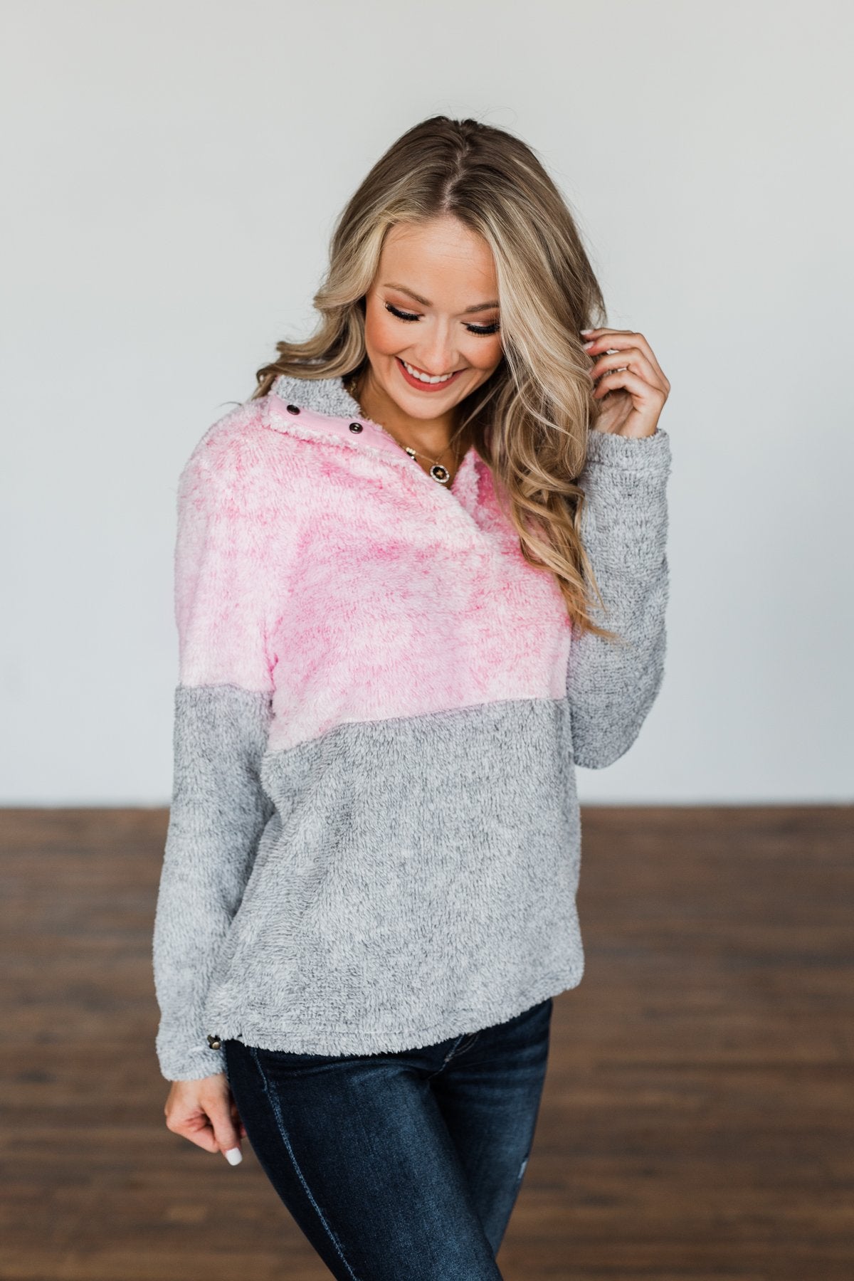 1/4 Button Snap Color Block Sherpa- Pink & Grey