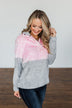 1/4 Button Snap Color Block Sherpa- Pink & Grey